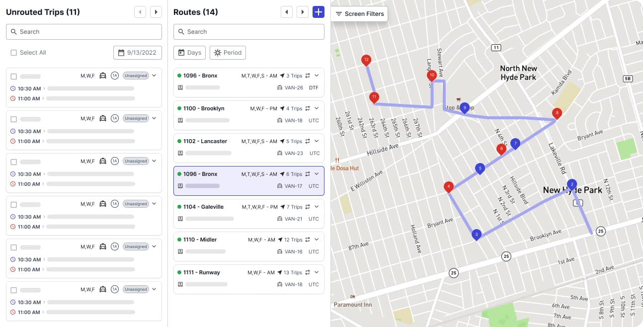 NEMT Unrouted Trips and Routes with Map